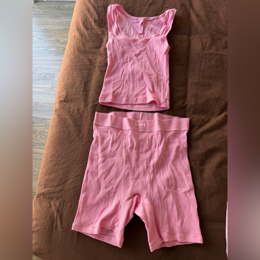 SKIMS Pink Ribbed Tank & Bike Short Set